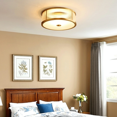 Colonial Style Drum Shape Flush Ceiling Light Glass Flush Mount Light Fixture in Yellow