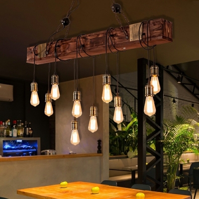 American Retro Island Light Bar Industrial Style Wood Linear Chandelier