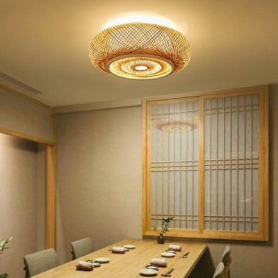 Asian Style Drum Flushmount Lighting Handmade Bamboo 3-Light Flush Lamp with White Inner Shade