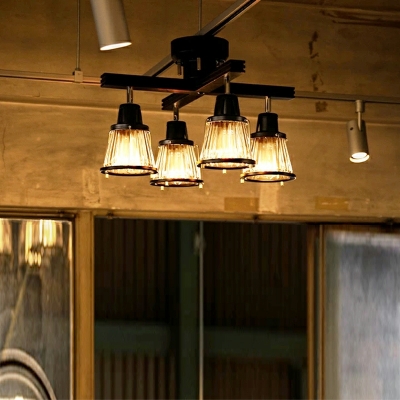 Retro Solid Wood Spotlights Flush Ceiling Light Glass Flush Mount Light Fixture for Dining Room