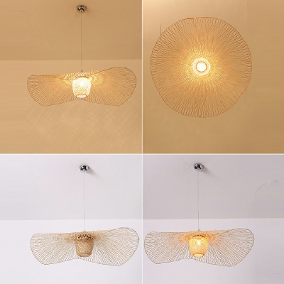 Asian Style Straw Hat Pendants Light Fixtures Wood Hand-Woven Ceiling Light for Dining Room