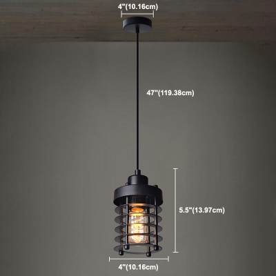 Black Single Light Ceiling Hanging Lantern Industrial Iron Cylindrical Cage Pendant Light for Bistro