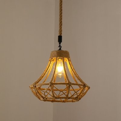 1 Light Lantern Hanging Pendant Light Industrial Style Rope Pendant Lighting in Brown