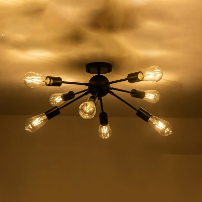 Industrial Style Wrought Iron 8 Lights Ceiling Light LED Semi Flush Ceiling Light