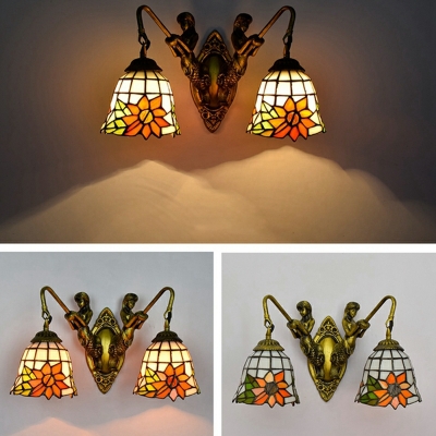 Tiffany Style Traditional Wall Sconces Domed Shade 2 Head Stained Glass Wall Light for Bathroom