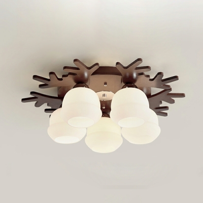 3-Light Flush Light Fixtures Minimalism Style Antlers Shape Wood Ceiling Mounted Lights