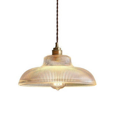Disc Shape Pendant Ceiling Light with Ribbed Glass Shade Hanging Lamp in Clear