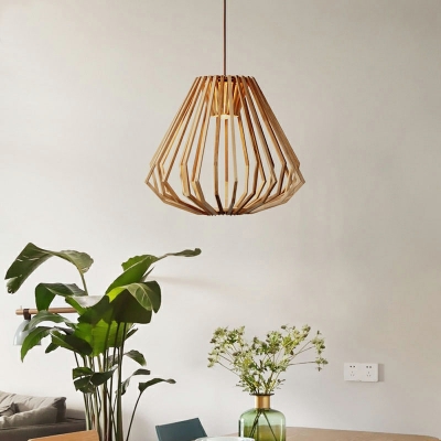 1-Light Hanging Lights Minimalist Style Cage Shape Wood Suspension Pendant