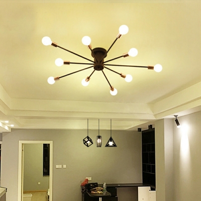 10-Light Close To Ceiling Chandelier Retro Style Exposed Bulb Shape Metal Flush Mount Light