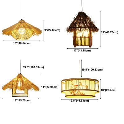 Rattan Curved Drum Hanging Light Kit Modern Style 1 Light Pendant Light Fixture in Orange