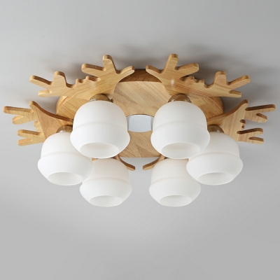 3-Light Flush Light Fixtures Minimalism Style Antlers Shape Wood Ceiling Mounted Lights