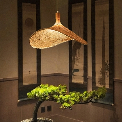 Asian Style 1-Bulb Pendant Restaurant Rattan Straw Hat Hanging Lamp