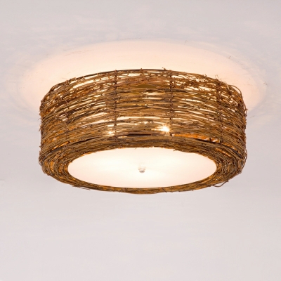 Asian Style Drum Flushmount Lighting Handmade Bamboo 1-Light Flush Lamp with Acrylic Shade
