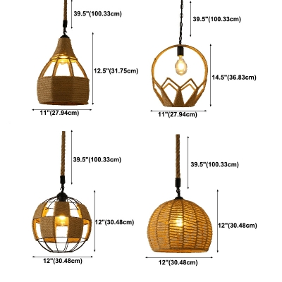 Industrial Style Dome-Shaped Hanging Pendant Light Rope 1-Light Pendant Lighting in Brown