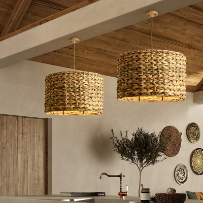 1 Light Pendant Lighting Weaving Cylinder Hanging Lamp for Dining Room