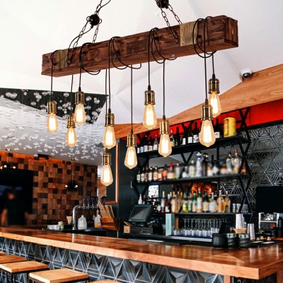 American Retro Island Light Bar Industrial Style Wood Linear Chandelier