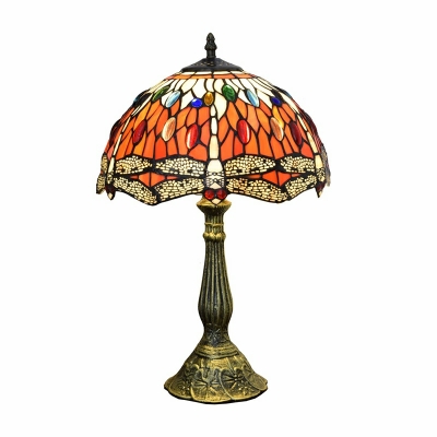 Red Table Lamp Dragonfly Multicolored Stained Glass Nightstand Lamp