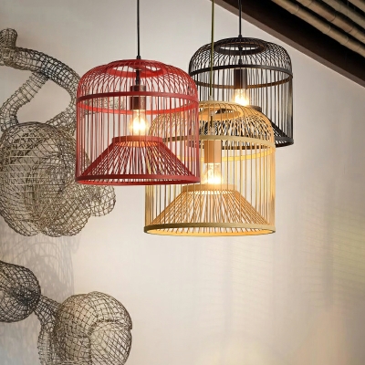 1 Light Pendant Lighting Bamboo Birdcage Hanging Lamp for Dining Room
