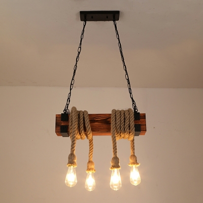 4-Head Island Lighting Linear Shape Wooden Suspension Pendant Light