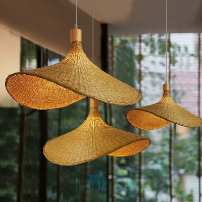 Asian Style 1-Bulb Pendant Rattan Straw Hat Hanging Lamp for Restaurant