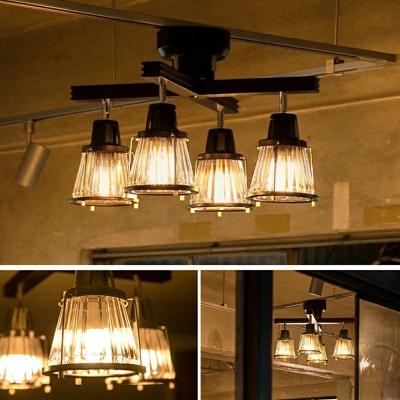 Retro Solid Wood Spotlights Flush Ceiling Light Glass Flush Mount Light Fixture for Dining Room