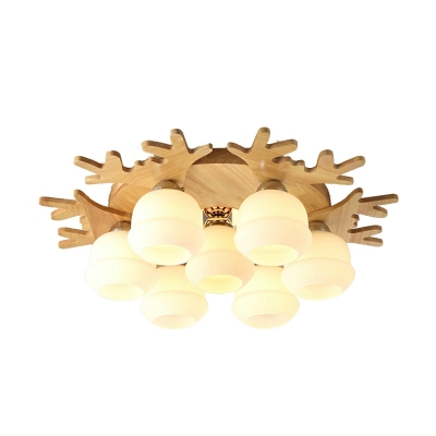 Antlers Wooden Ceiling Light White Glass Ceiling Fixture for Living Room