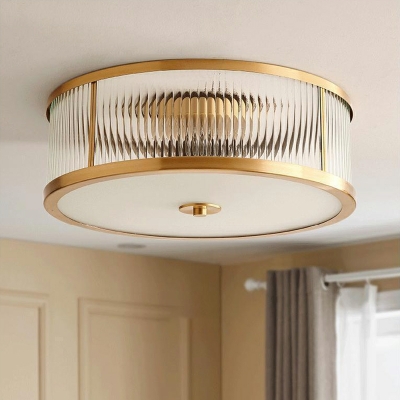 Colonial Style Drum Shape Flush Ceiling Light Glass Flush Mount Light Fixture in Yellow