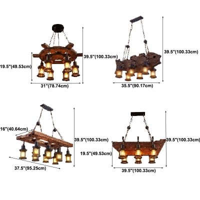 Industrial Style Lantern Chandelier Light Wood 3-Lights Chandelier Light Fixtures in Brown