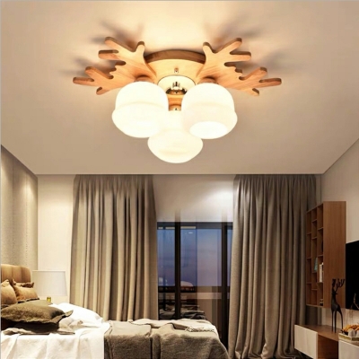Wooden Ceiling Light Cluster White Glass Shade Ceiling Fixture for Living Room