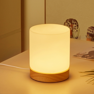Contemporary Nightstand Lamp Wood with White Glass Shade LED Table Lamp