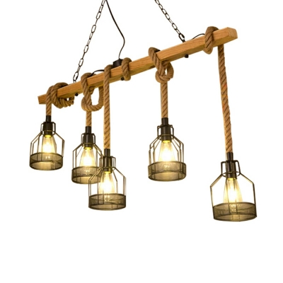 Industrial Style Hemp Rope Linear Chandelier Retro Iron Island Light for Dining Room