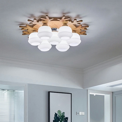 Wooden Ceiling Light Cluster White Glass Shade Ceiling Fixture for Living Room