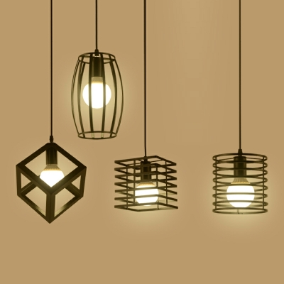 Black Caged Hanging Pendant Light Industrial Style Metal 1 Light Pendant Lamp