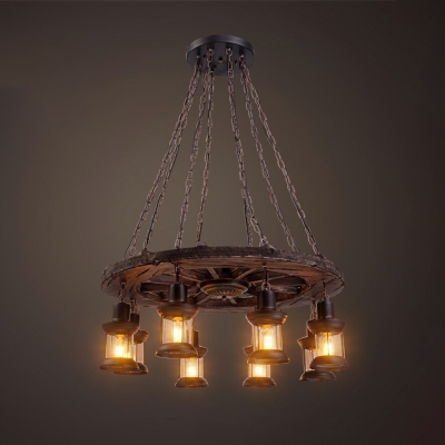 Industrial Style Lantern Chandelier Light Wood 3-Lights Chandelier Light Fixtures in Brown