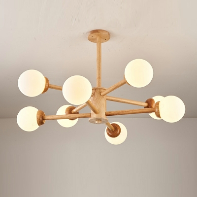 Modern Style Hanging Chandelier with Globe Glass Shade Wood Pendant Light Kit