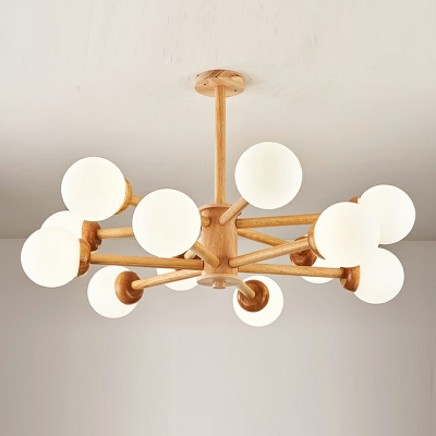 Modern Style Hanging Chandelier with Globe Glass Wood Pendant Light