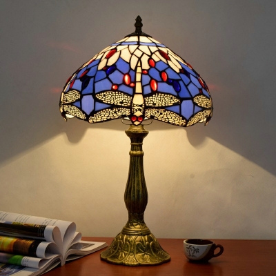 Single Head Night Table Lamp Dragonfly Multicolored Stained Glass Table Light in Blue
