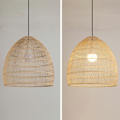 Southeast Asian Woven Bamboo Lamp Beige Hand-Woven Rattan Pendant Light Hanging for Restaurant