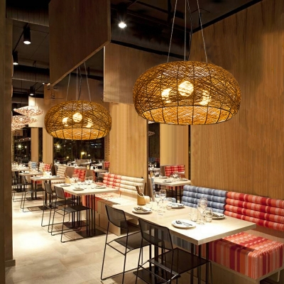 Asian Lantern-Shape Pendants Light Fixtures Wood Modern Hand-Woven Ceiling Light for Dining Room
