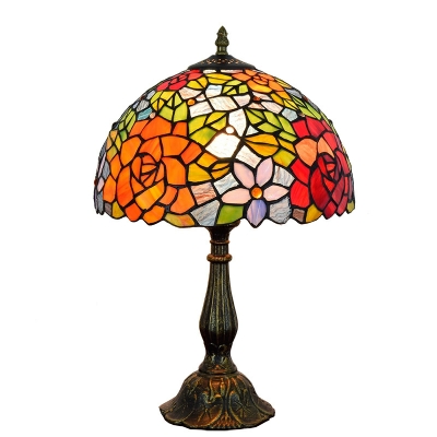 Stained Art Glass Shade Nightstand Lamp Single Bulb Table Lamp in Multi-Color