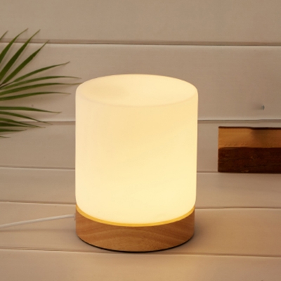 Contemporary Nightstand Lamp Wood with White Glass Shade LED Table Lamp
