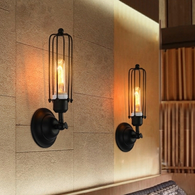 Black Wall Light Fixture with Cage Shade Industrial Indoor Wall Sconce