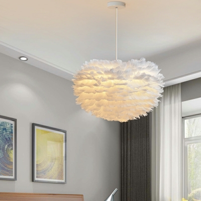 Ceiling Pendant Light Round Shade Modern Style Feather Pendant Lighting for Living Room