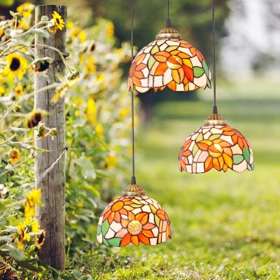Sunflower Shape Pendant Lighting with Art Glass Shade Hanging Light Fixture in Orange