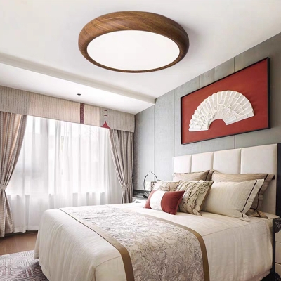 1-Light Flush Light Fixtures Modern Style Round Shape Wood Ceiling Mounted Lights
