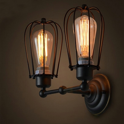 2-Light Sconce Lights Industrial Style Cage Shape Metal Wall Mounted Lamps