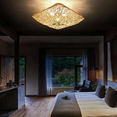 Square Wood Flush Mount Lighting Fixtures Rattan Traditional Ceiling Flush Mount Lights for Bedroom