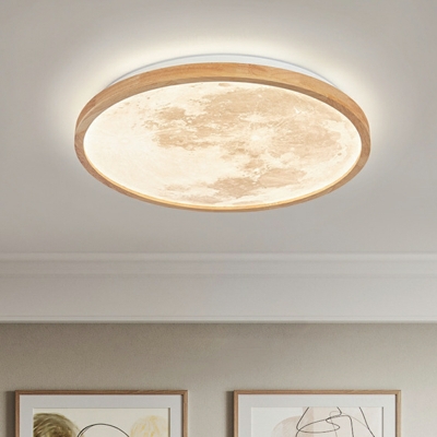 1-Light Flush Light Fixtures Contemporary Style Round Shape Wood Ceiling Mounted Lights