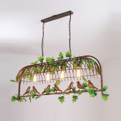 Metal Island Light Retro 4 Lights Cage Chandelier with Bird and Plant Decoration
