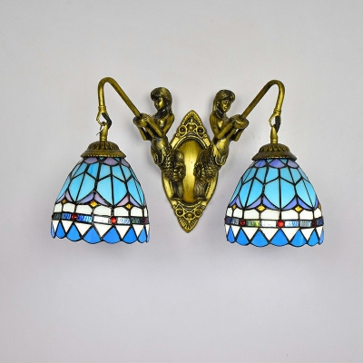2-Bulb Wall Lamps Tiffany-Style Multicolored Stained Glass Wall Lighting in Blue